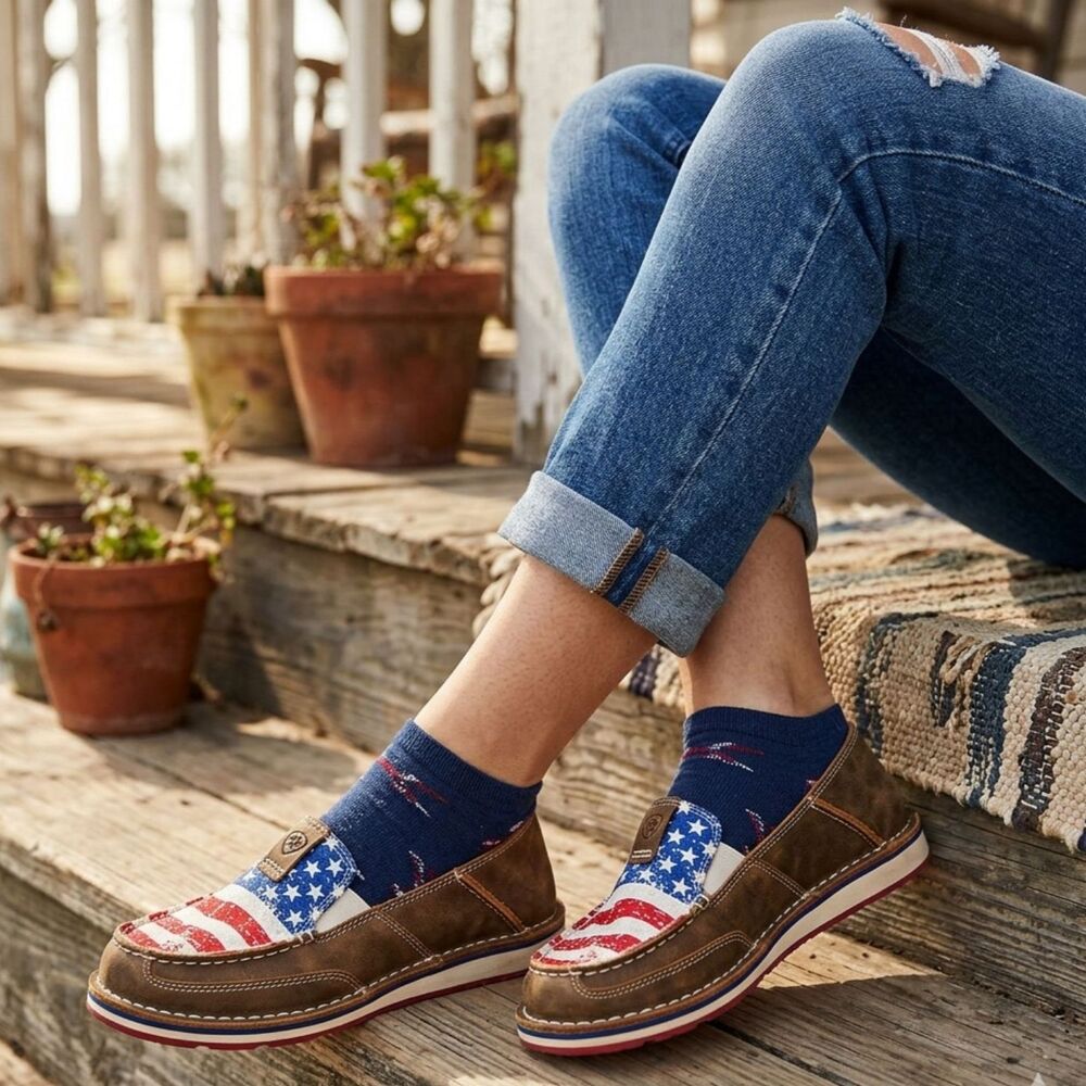 Ariat Moc Toe Cruiser Shoes 9 Slip On Western Patriotic American Flag USA Brown